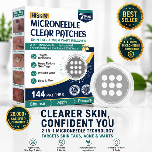 Hiskin ® 2-in-1 Microneedle & Hydrocolloid Patch🍀 | Removes raised moles, acne, flat warts, and skin tags | Helps improve wrinkles, scars, and blemishes | Invisible patches for face and body