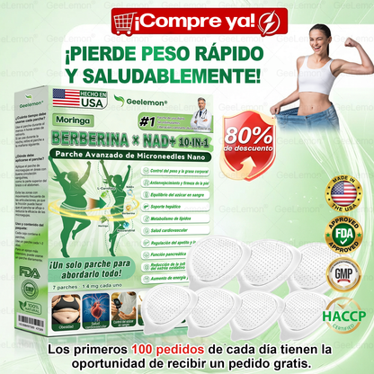 𝐆𝐞𝐞𝐋𝐞𝐦𝐨𝐧® Parche de Microagujas Nano Avanzado 10 en 1 con Moringa, Berberina y NAD+(𝐒𝐨𝐥𝐨 𝐮𝐧𝐚 𝐯𝐞𝐳 𝐚𝐥 𝐝í𝐚, 𝐜𝐚𝐦𝐛𝐢𝐨𝐬 𝐯𝐢𝐬𝐢𝐛𝐥𝐞𝐬 𝐞𝐧 𝟕 𝐝í𝐚𝐬) 𝐏𝐚𝐫𝐚 𝐨𝐛𝐞𝐬𝐢𝐝𝐚𝐝, 𝐏𝐈𝐄𝐋 𝐅𝐋𝐎́𝐂𝐈𝐃𝐀, 𝐝𝐢𝐚𝐛𝐞𝐭𝐞𝐬, 𝐚𝐩𝐧𝐞𝐚 𝐝𝐞𝐥 𝐬𝐮𝐞ñ𝐨, 𝐩𝐫𝐨𝐛𝐥𝐞𝐦𝐚𝐬 𝐚𝐫𝐭𝐢𝐜𝐮𝐥𝐚𝐫𝐞𝐬 𝐲 𝐦á𝐬