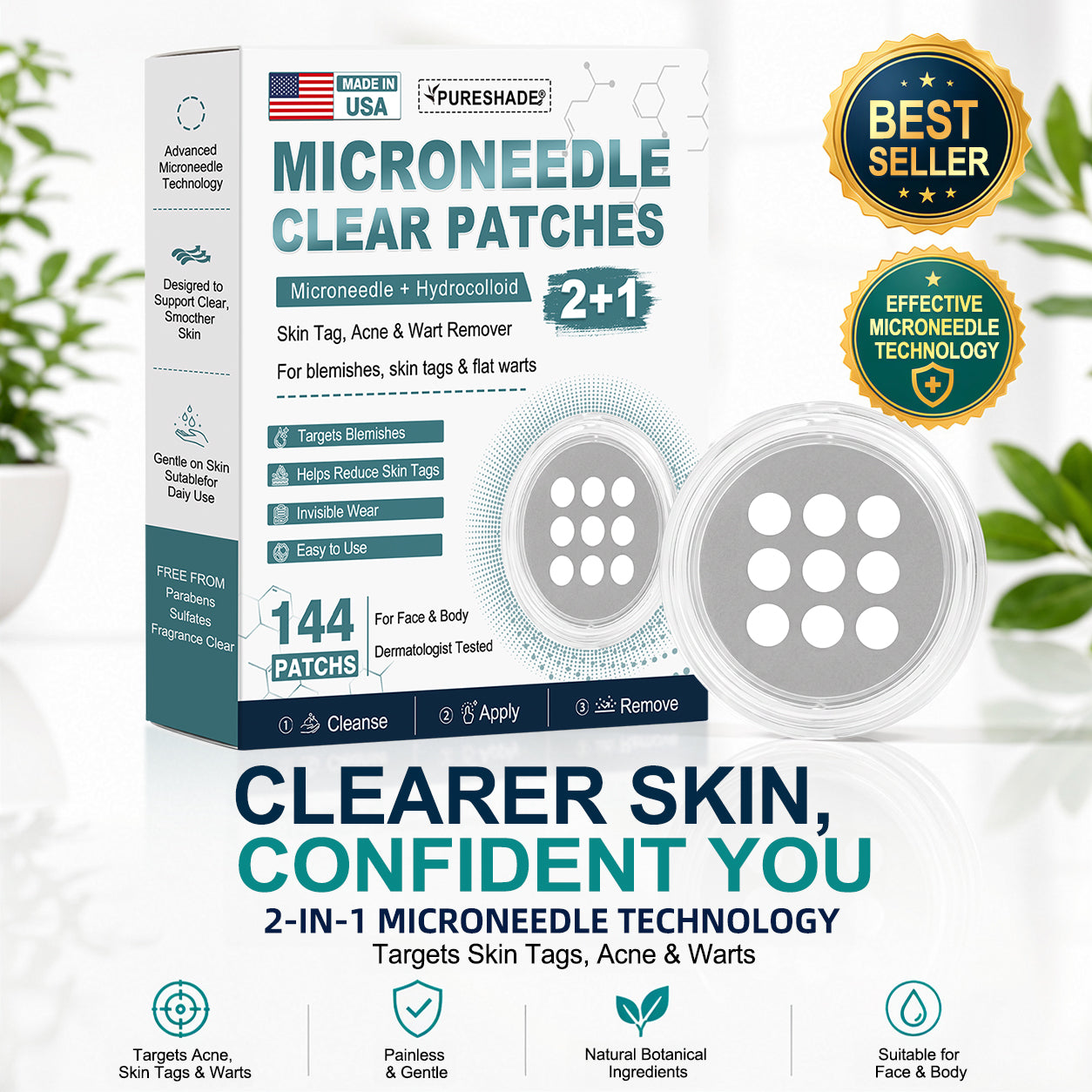Pureshade® 2-in-1 Microneedle & Hydrocolloid Patch ✨Invisible Face & Body Patches for Raised Moles, Acne, Flat Warts & Skin Tags - Helps Improve the Appearance of Wrinkles, Scars & Blemishes