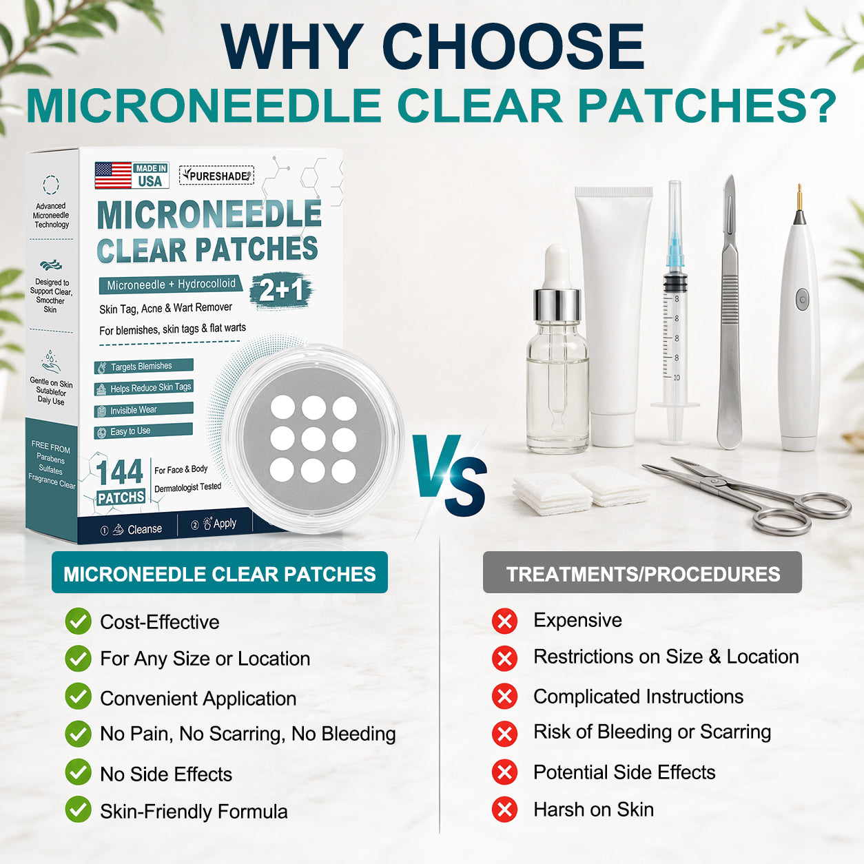 Pureshade® 2-in-1 Microneedle & Hydrocolloid Patch ✨Invisible Face & Body Patches for Raised Moles, Acne, Flat Warts & Skin Tags - Helps Improve the Appearance of Wrinkles, Scars & Blemishes