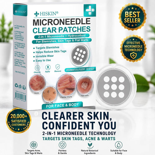 Hiskin ® 2-in-1 Microneedle & Hydrocolloid Patch🍀 | Removes raised moles, acne, flat warts, and skin tags | Helps improve wrinkles, scars, and blemishes | Invisible patches for face and body